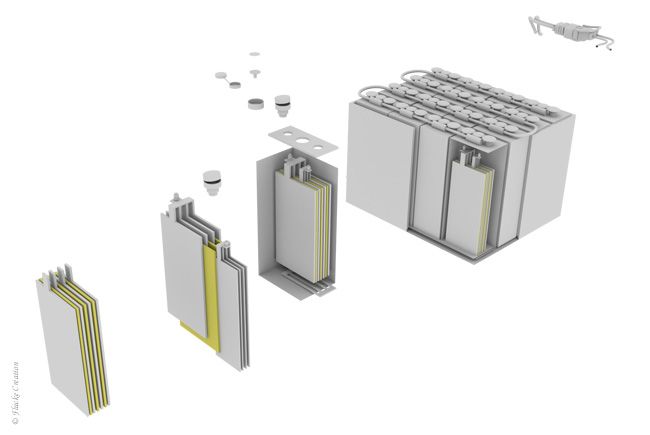 Industrie - Modélisation 3D d'un coupe de batterie d'élévateur pour une illustration d'un livre de formation